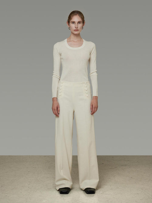 unspoken Breathable High Waist Button Detail Minimal Womens Office White Wide Leg Pants