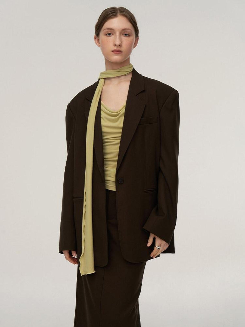 someonesometimes Pocketed Loose Blazer Workwear Women Green Coffee Acrylic Top & Skirt Sets