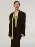 someonesometimes Pocketed Loose Blazer Workwear Women Green Coffee Acrylic Top & Skirt Sets