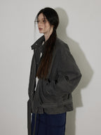 Lofi choose Breathable Drawstring Oversized Commuter Women Button Mud Gray Denim Jackets