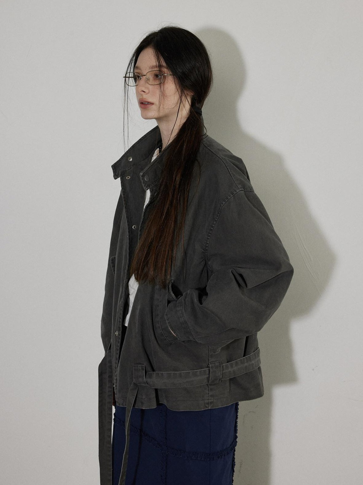 Lofi choose Breathable Drawstring Oversized Commuter Women Button Mud Gray Denim Jackets