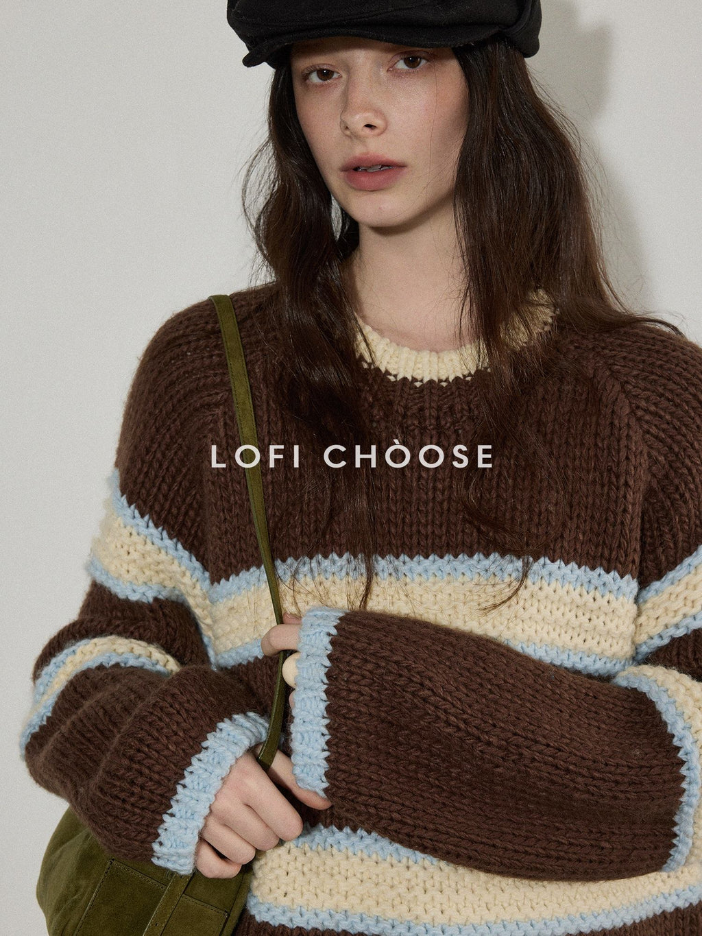 Lofi choose Cozy Acrylic Wool Colorblock Loose Fit Raglan Crewneck Striped Knit Sweaters