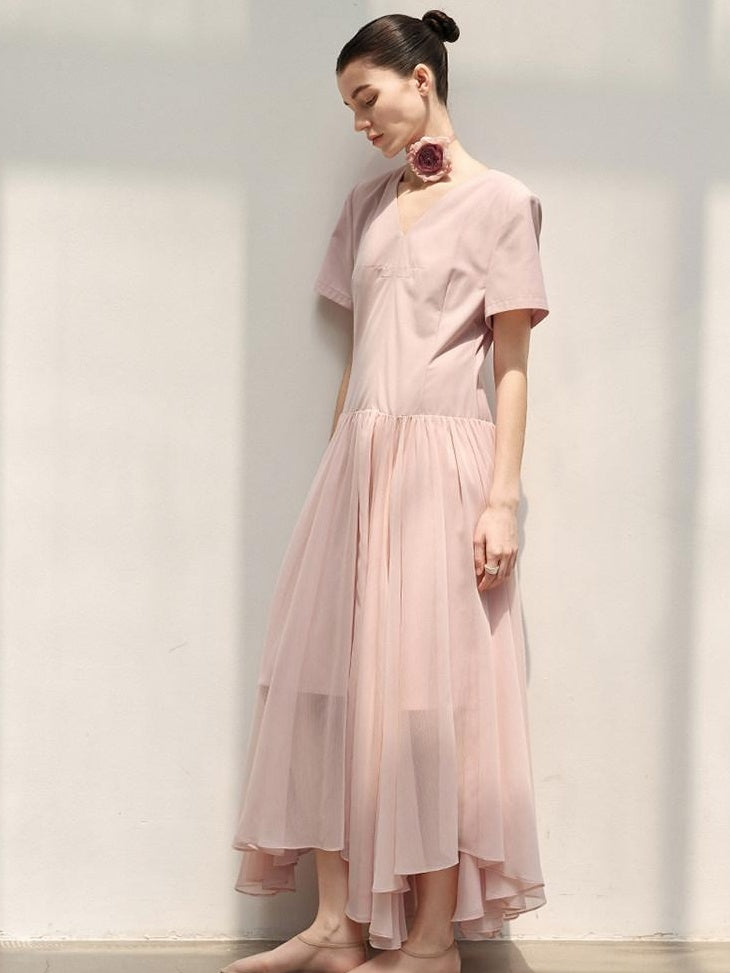 audreyyang Refined Solid V-neck Natural Waist Short Sleeve Casual Polyester Maxi Dresses