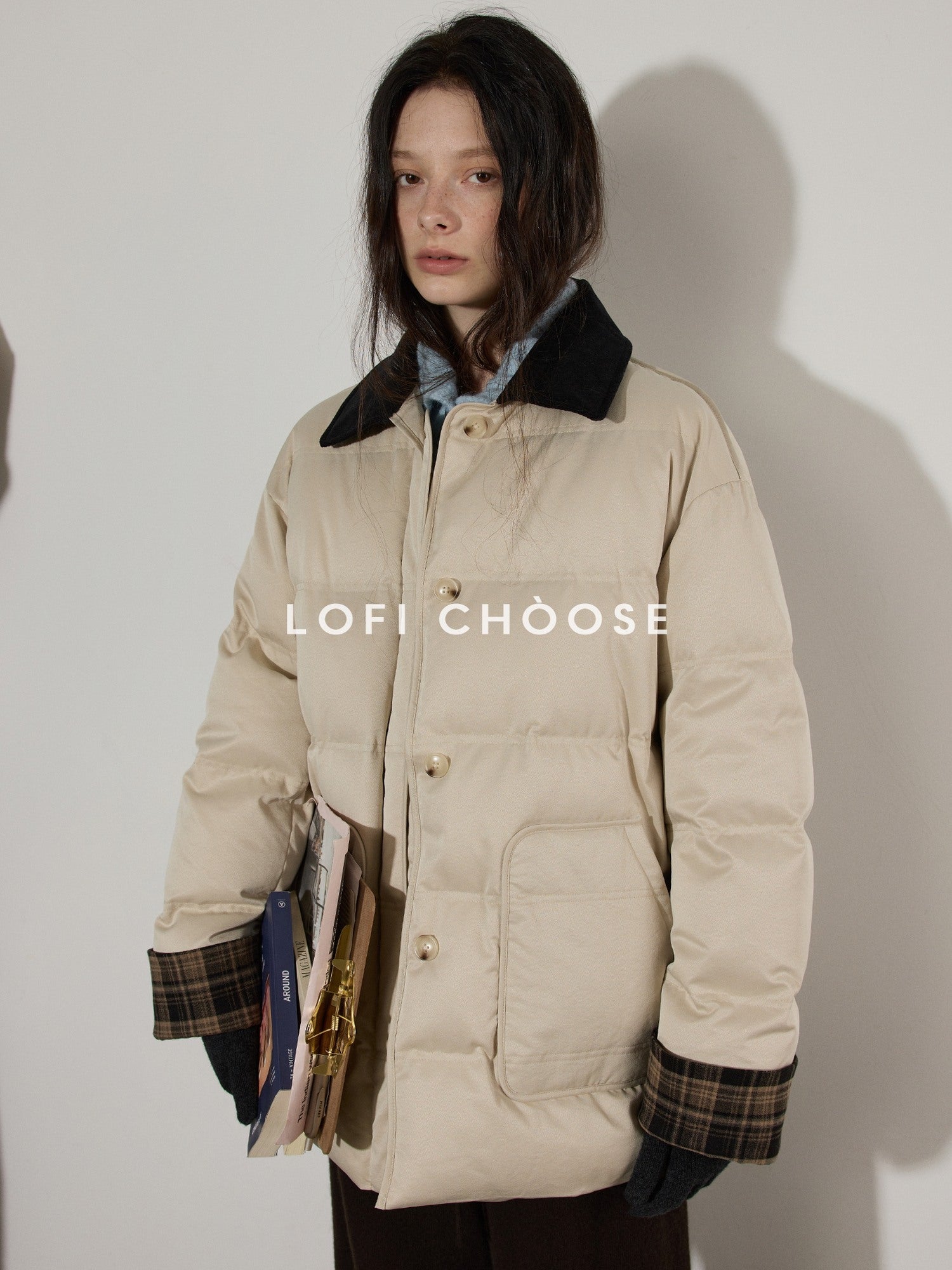 Lofi choose 90 Percent White Duck Down Apricot Colorblock Loose Fit Commuter Down Jackets