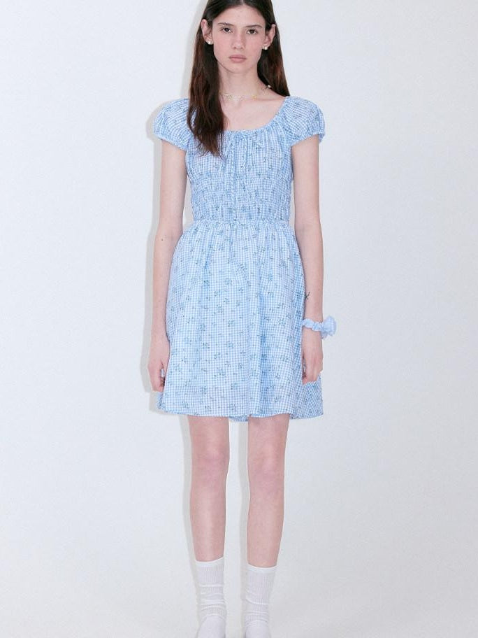 fano Sweet High Waist Puff Sleeve A Line Floral Square Neck Poly Cotton Midi Dresses