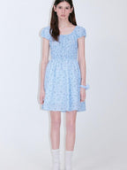 fano Sweet High Waist Puff Sleeve A Line Floral Square Neck Poly Cotton Midi Dresses