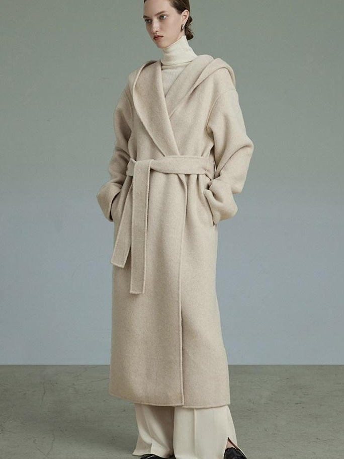 unspoken Warm Wool Alpaca Blend Hooded Straight Long Minimal Commuter Oatmeal Wool Coats