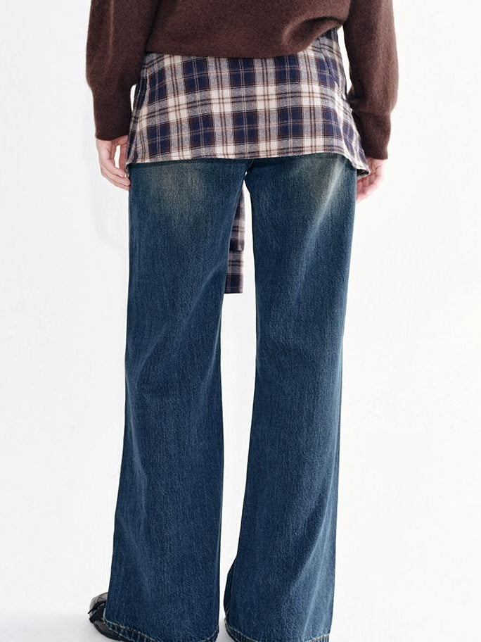 fano Breathable Cotton Wide Natural Waist Plaid Womens Straight Leg Jeans