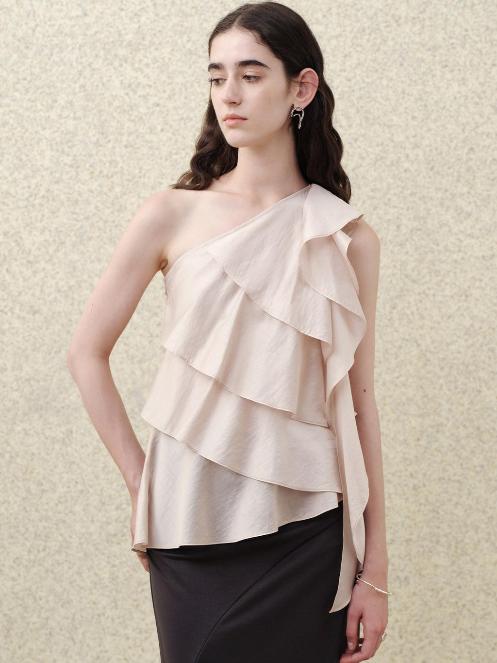 someonesometimes Ruffle One Shoulder Loose Tencel Modal Soft Mist Pink Women Top
