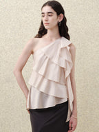 someonesometimes Ruffle One Shoulder Loose Tencel Modal Soft Mist Pink Women Top