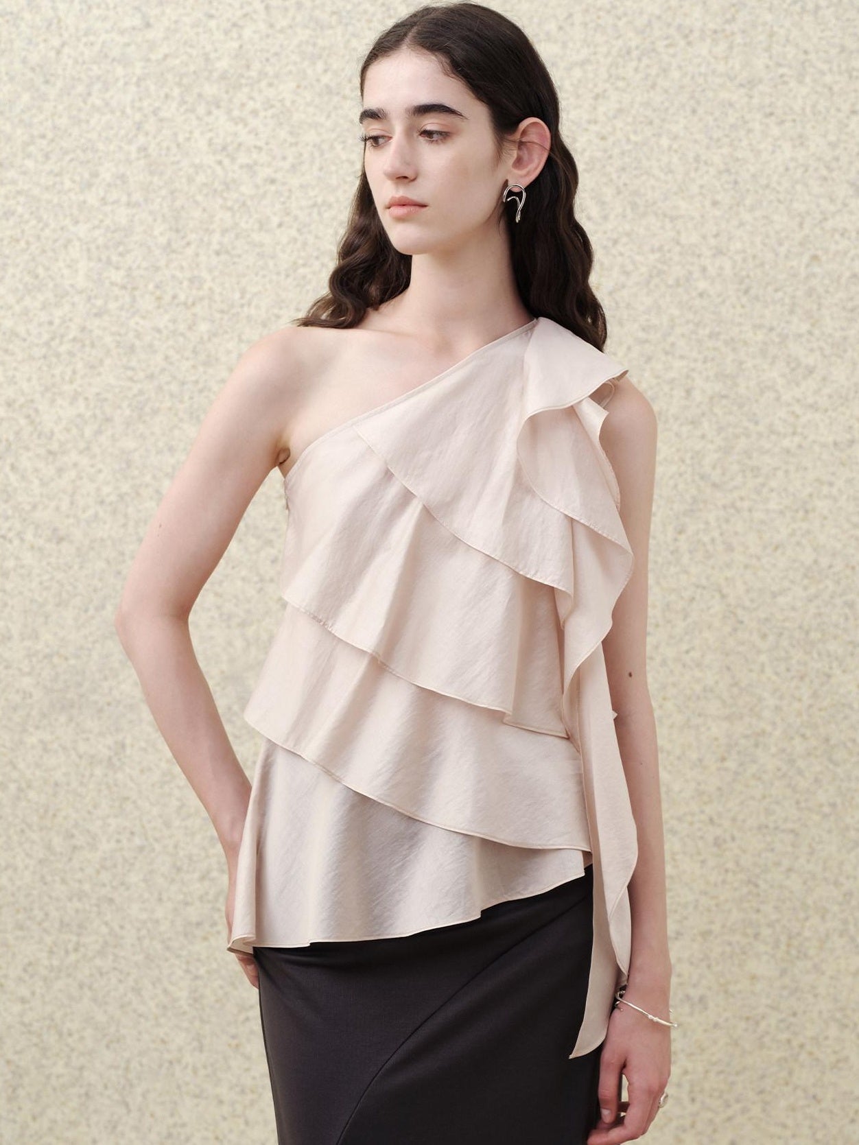 someonesometimes Ruffle One Shoulder Loose Tencel Modal Soft Mist Pink Women Top