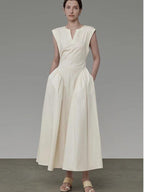 unspoken Pleated High Waist Minimal H Silhouette U Neck Sleeveless Office Maxi Dresses