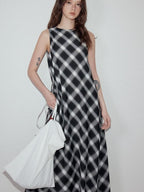 fano Plaid Sleeveless A Line Natural Waist Korean Office Casual Maxi Dresses