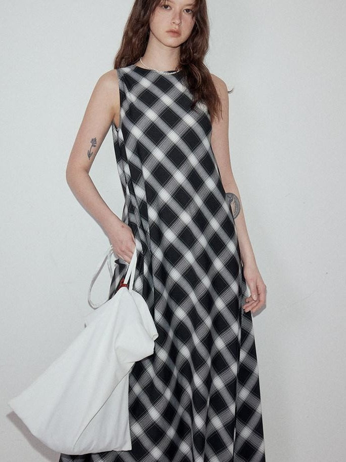 fano Plaid Sleeveless A Line Natural Waist Korean Office Casual Maxi Dresses