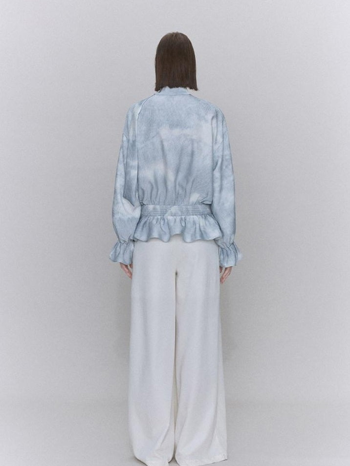 someone sometimes Glacier Blue Polyester V-neck Long Bell Sleeve Loose Fit Office Work Blouses