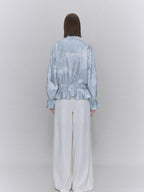 someone sometimes Glacier Blue Polyester V-neck Long Bell Sleeve Loose Fit Office Work Blouses