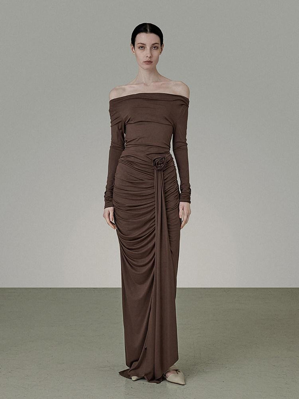 unspoken Slim Pleated Minimalist Workwear Women Pullover Polyester Brown Top & Skirt Sets