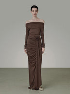 unspoken Slim Pleated Minimalist Workwear Women Pullover Polyester Brown Top & Skirt Sets