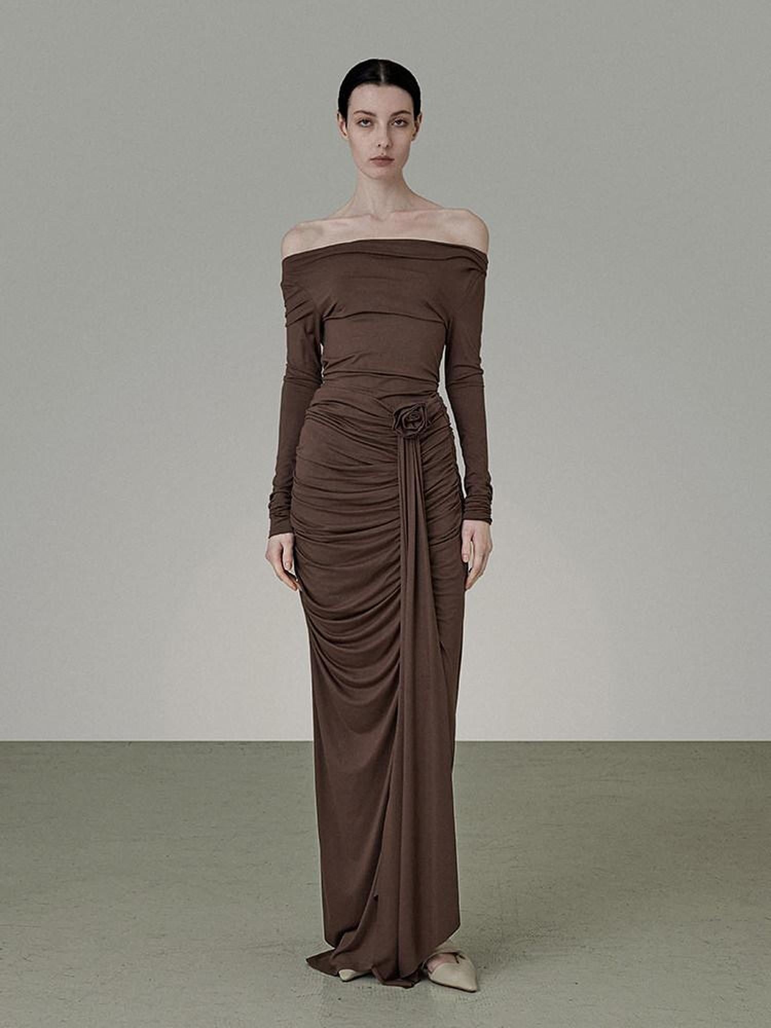 unspoken Slim Pleated Minimalist Workwear Women Pullover Polyester Brown Top & Skirt Sets