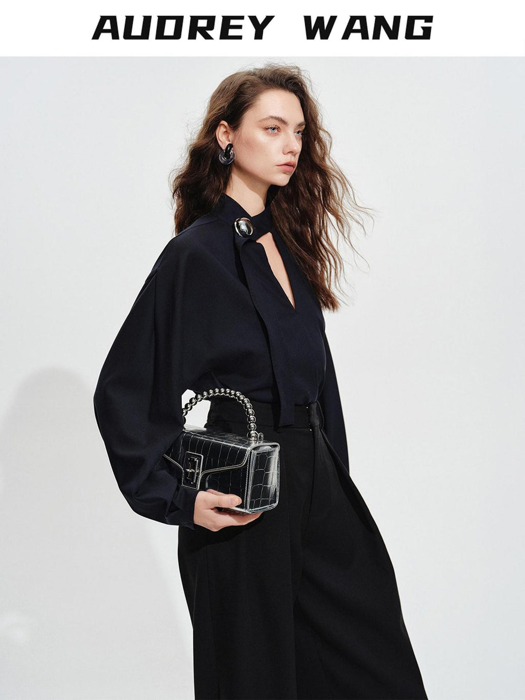 audreyyang Shape Retaining Loose Long Lantern Sleeve Pullover Navy Polyester Women Blouses