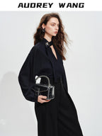 audreyyang Shape Retaining Loose Long Lantern Sleeve Pullover Navy Polyester Women Blouses