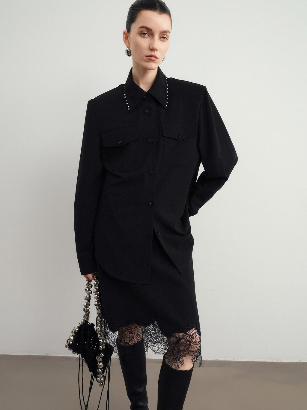 audreyyang Original Relaxed Collared Cardigan Long Sleeve Women Polyester Wool Blouses