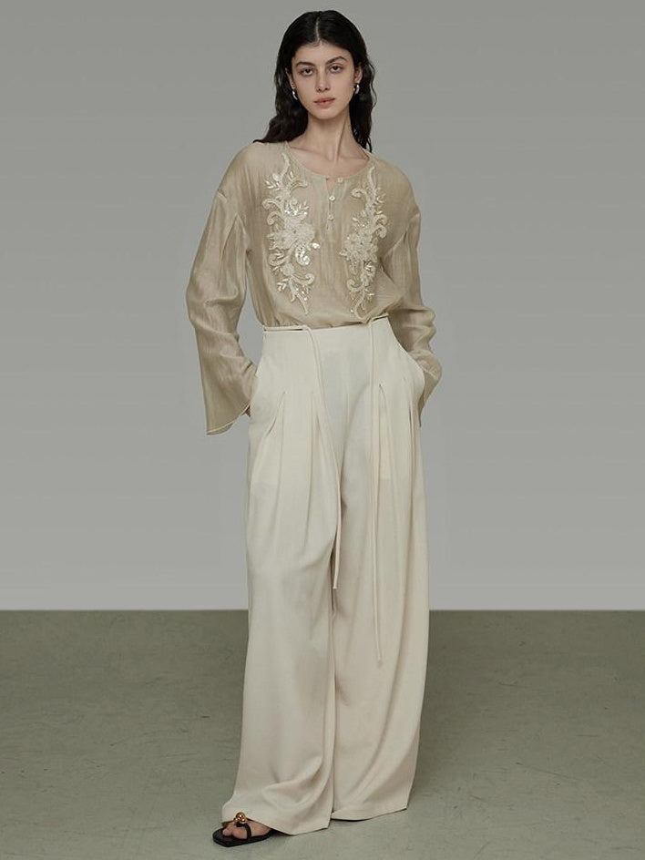 unspoken Breathable Lyocell Embroidered Vintage Loose Round Neck Women Almond Blouses