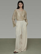 unspoken Breathable Lyocell Embroidered Vintage Loose Round Neck Women Almond Blouses
