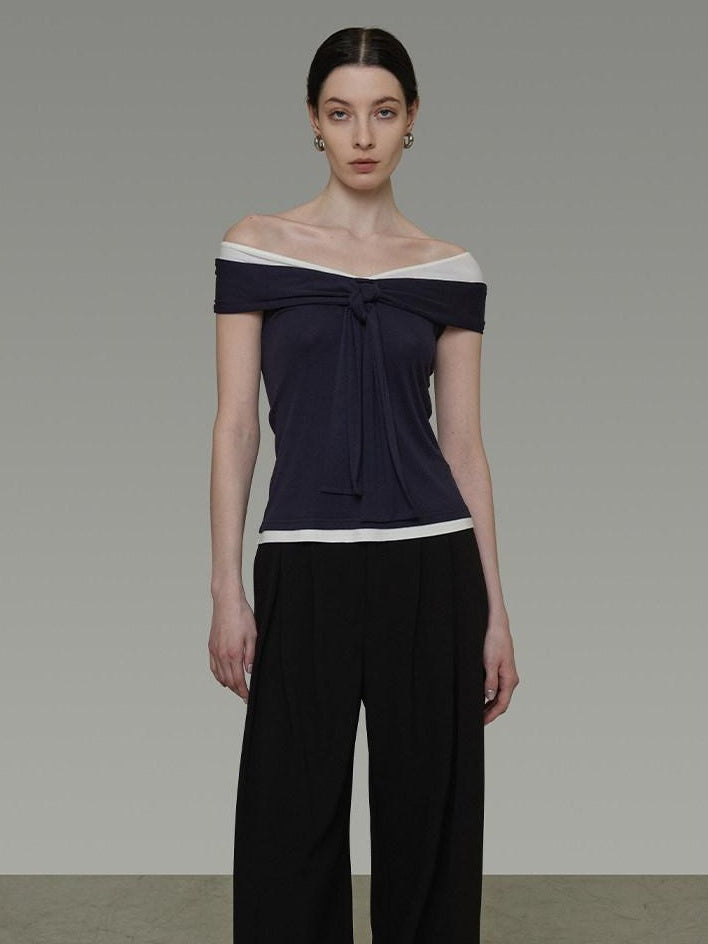unspoken Viscose Blend Contrast Slim Fit Commuter Women Bardot Off Shoulder Crop Tops