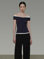 unspoken Viscose Blend Contrast Slim Fit Commuter Women Bardot Off Shoulder Crop Tops