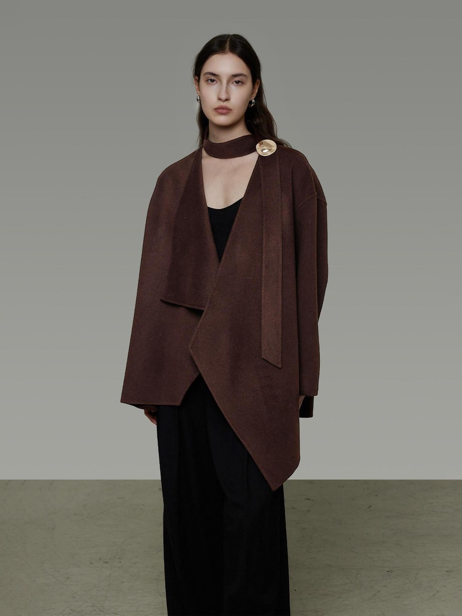unspoken Pure Sheep Wool Lapel Collar Loose Fit 3D Cut Office Coffee Wool Coats