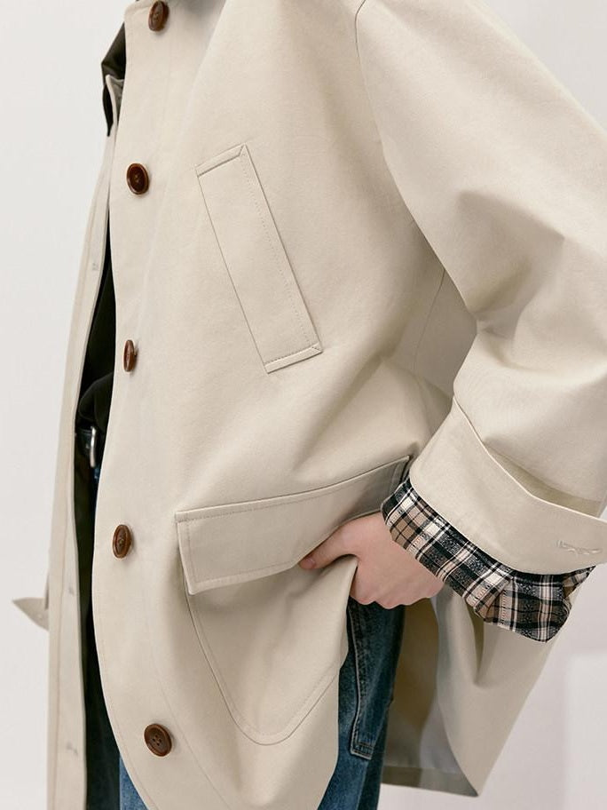 fano Patchwork Loose Fit Korean Casual 100 Percent Cotton Green Khaki Short Coat