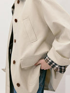 fano Patchwork Loose Fit Korean Casual 100 Percent Cotton Green Khaki Short Coat