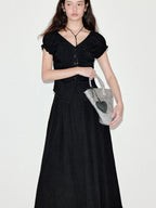 fano Sleek Black V-neck Button Short Sleeve Two Piece Chic Women Top & Skirt Sets