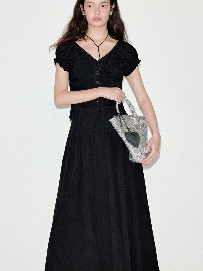 fano Sleek Black V-neck Button Short Sleeve Two Piece Chic Women Top & Skirt Sets