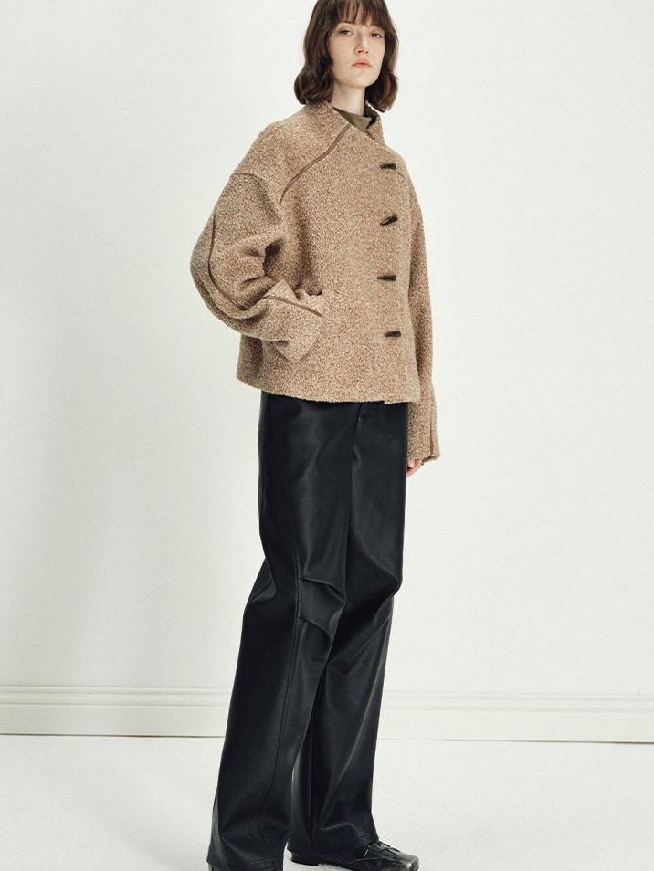 someonesometimes Insulated Original Design Loose Fit Button Stand Collar Unisex Short Coat