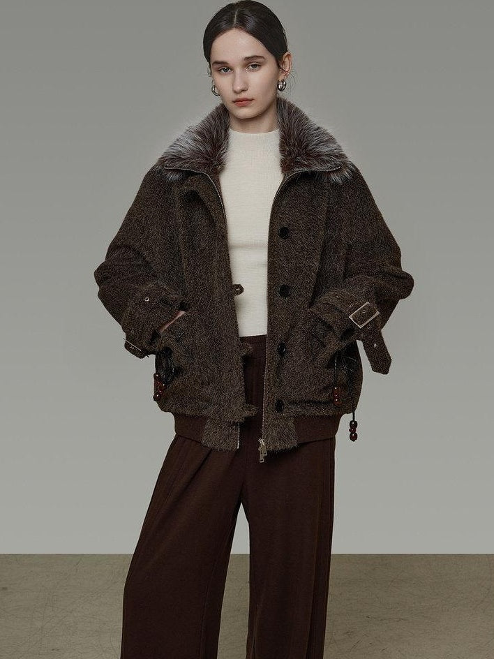 unspoken Faux Fur Collar Loose Fit Structured Tailored High Waist Women Brown Short Coat
