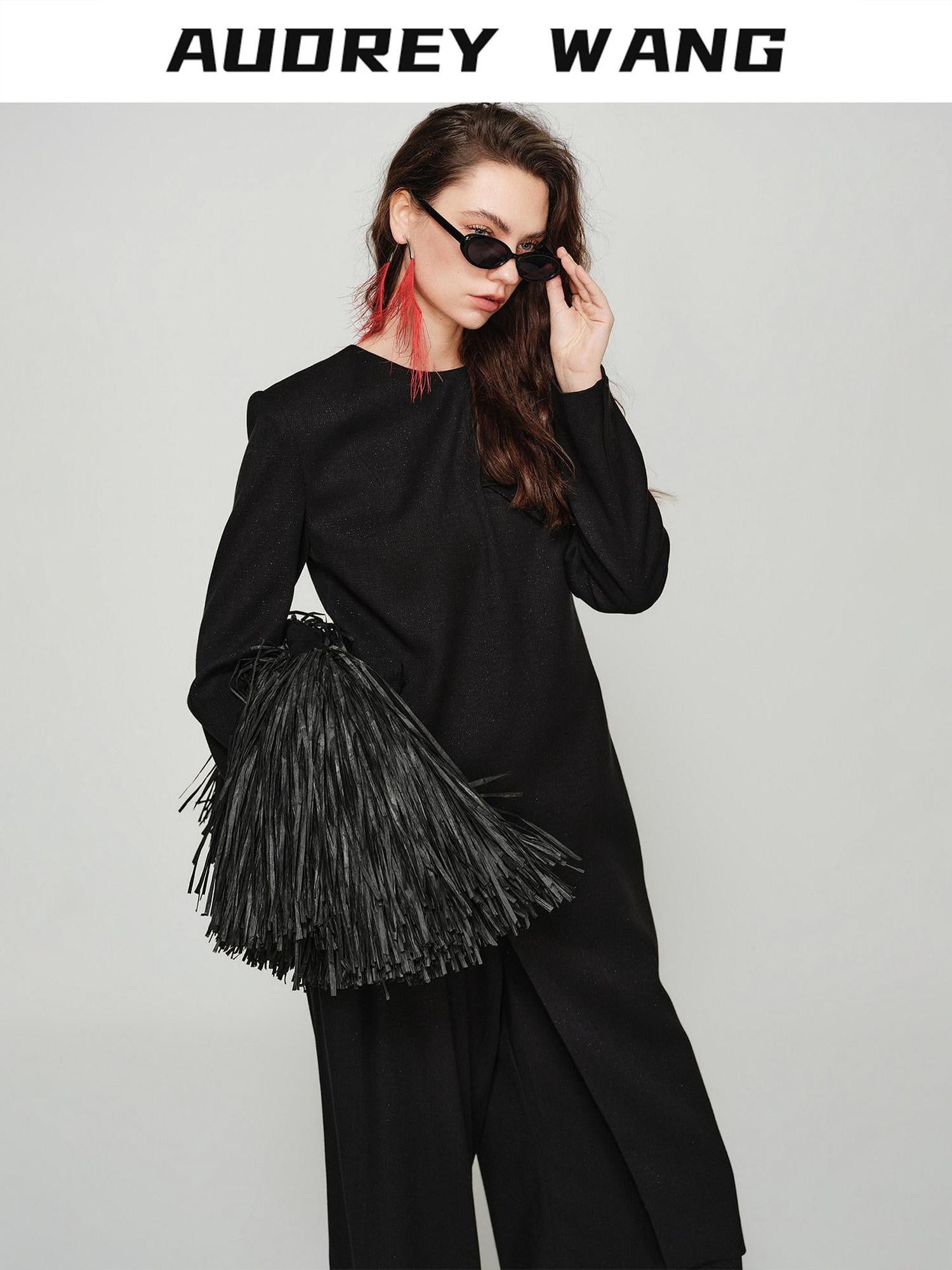 audreyyang Figure Flattering Elegant Tailored Mid Length Long Sleeve Women Black Long Coats