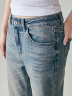 fano Vintage Blue Green Micro Stretch Natural Waist Relaxed Casual Straight Leg Jeans