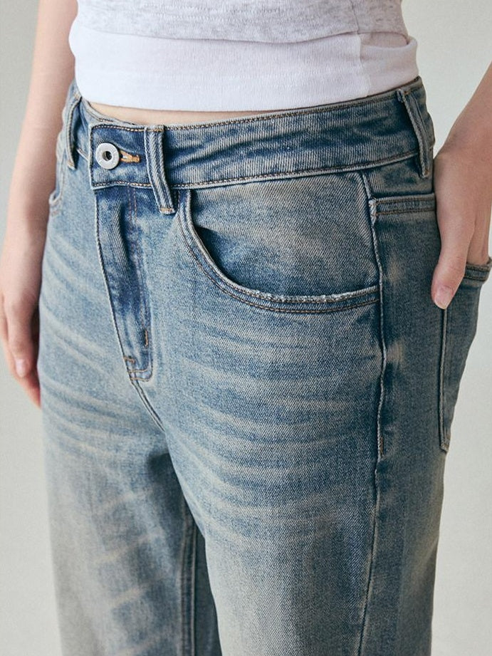 fano Vintage Blue Green Micro Stretch Natural Waist Relaxed Casual Straight Leg Jeans