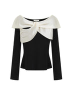 unspoken Elegant Slim Fit Knitted Contrast Bow Off Shoulder Long Sleeve Women Blouses