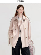 fano Double Breasted Short Loose Fit Commuter For Women Khaki Pink Beige Trench Coats