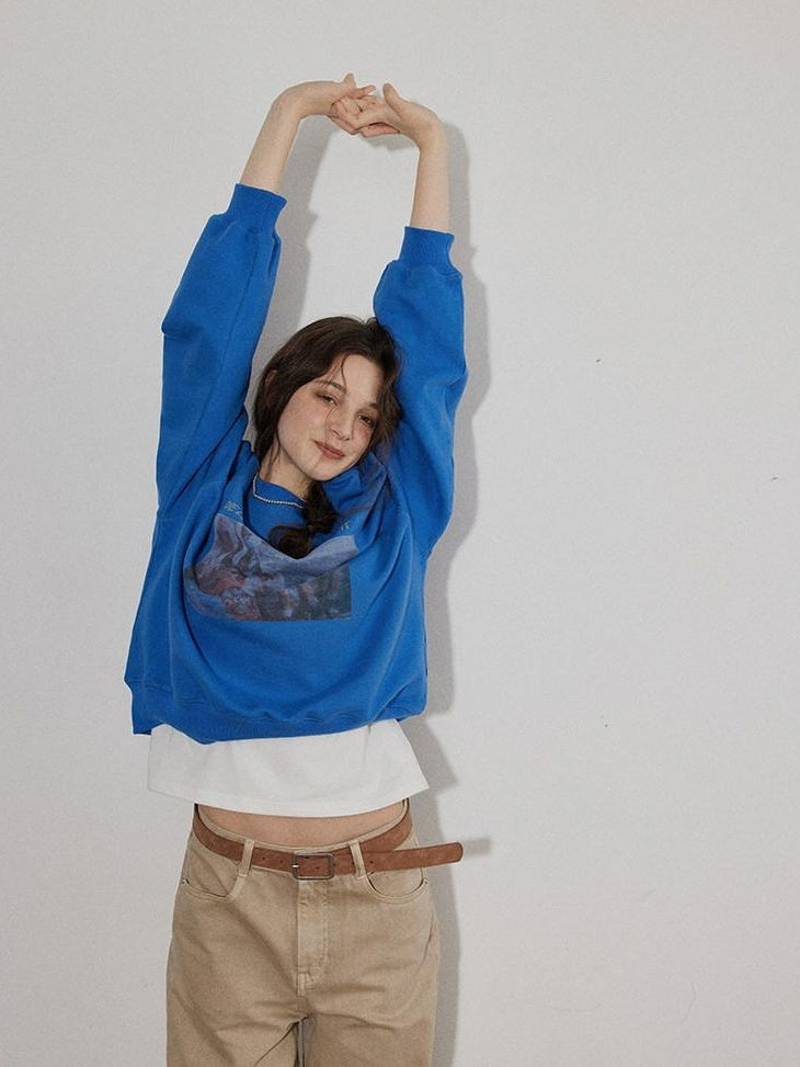 Lofi choose Vintage Print Loose Fit Drop Shoulder Crew Neck Women Pullover Sweatshirt