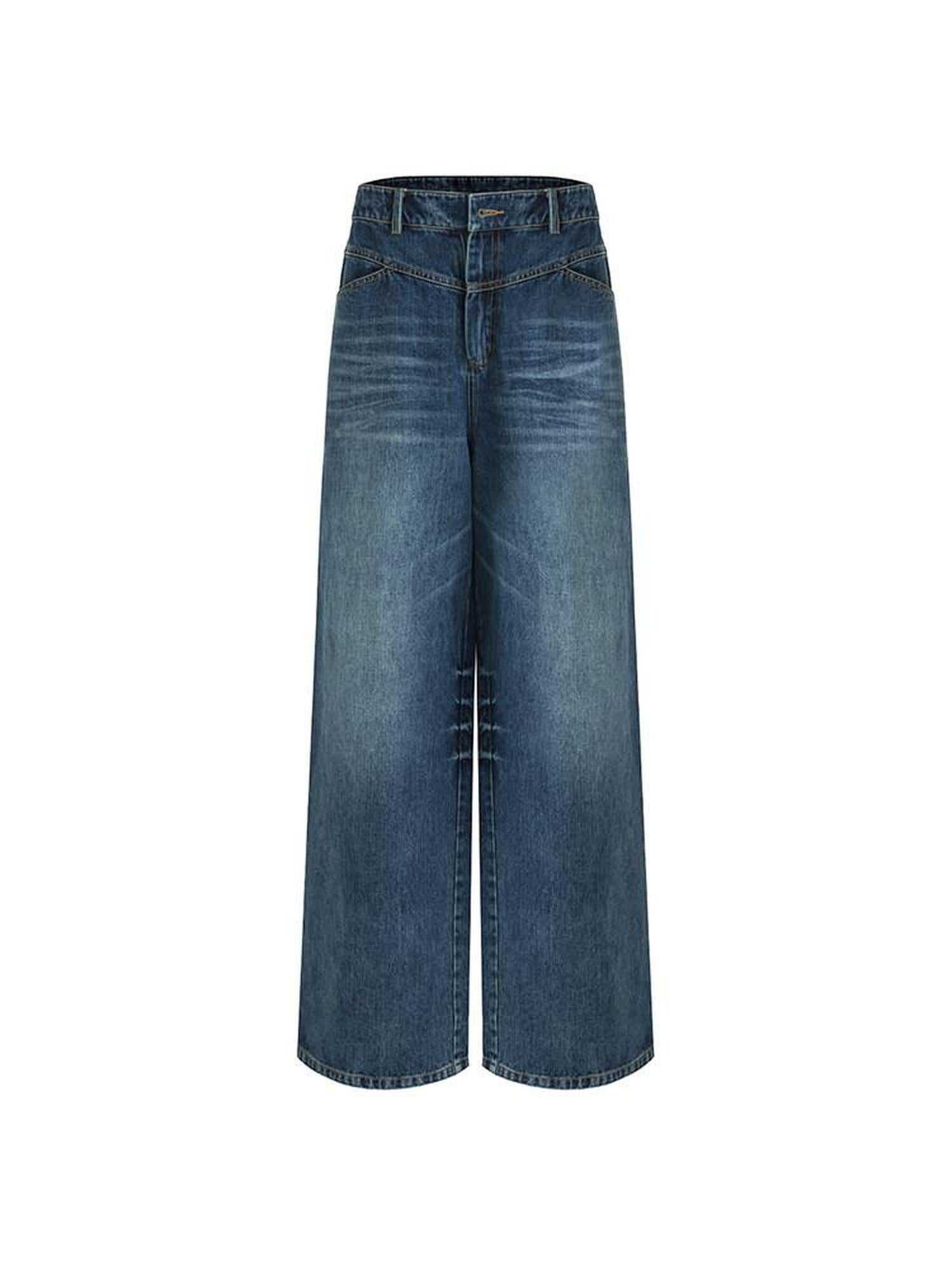 unspoken High Waist Washed Durable Denim Blue Loose Versatile Cotton Wide Leg Jeans