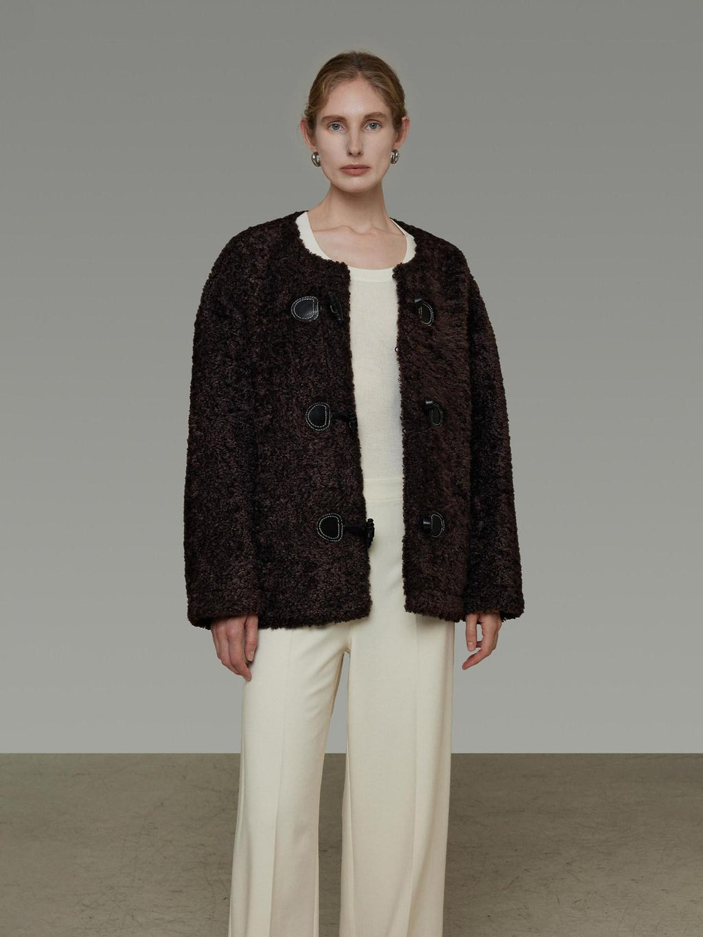 unspoken Warm Fur Lined Minimalist Commuter Loose Fit Brown Women Everyday Short Coat