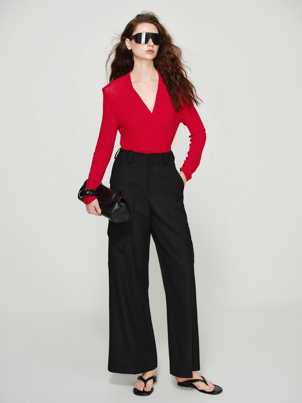 audreyyang Lyocell Wool Stretch Knit Slim Fit V-neck Womens Red Long Sleeve T-Shirts