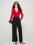 audreyyang Lyocell Wool Stretch Knit Slim Fit V-neck Womens Red Long Sleeve T-Shirts