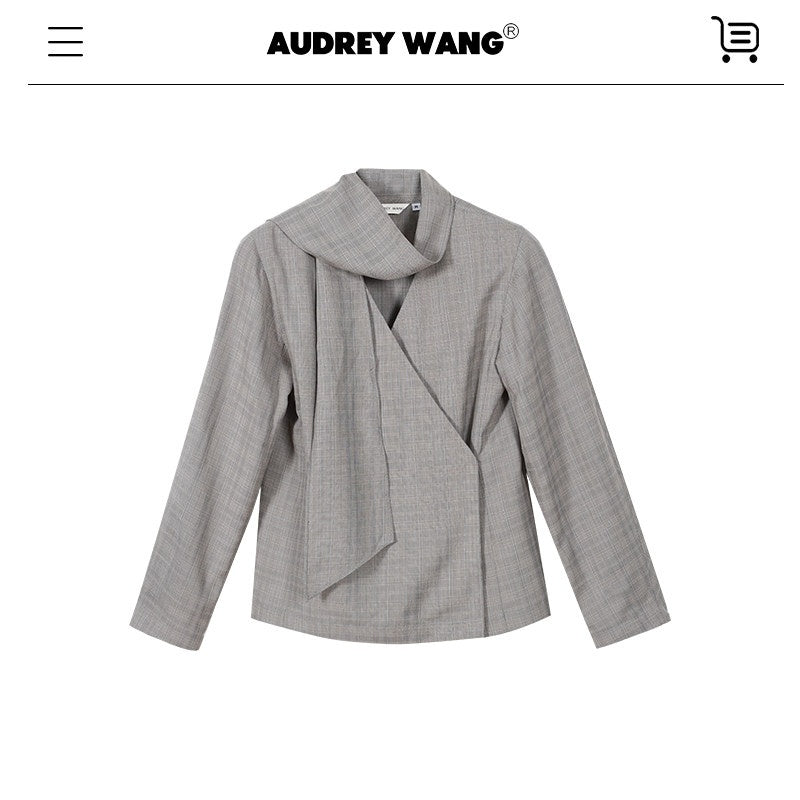 audreyyang_Non_Deforming_Loose_Plaid_High_Neck_Long_Sleeve_Women_Grey_Top_&_Shorts_Sets_MISSTT