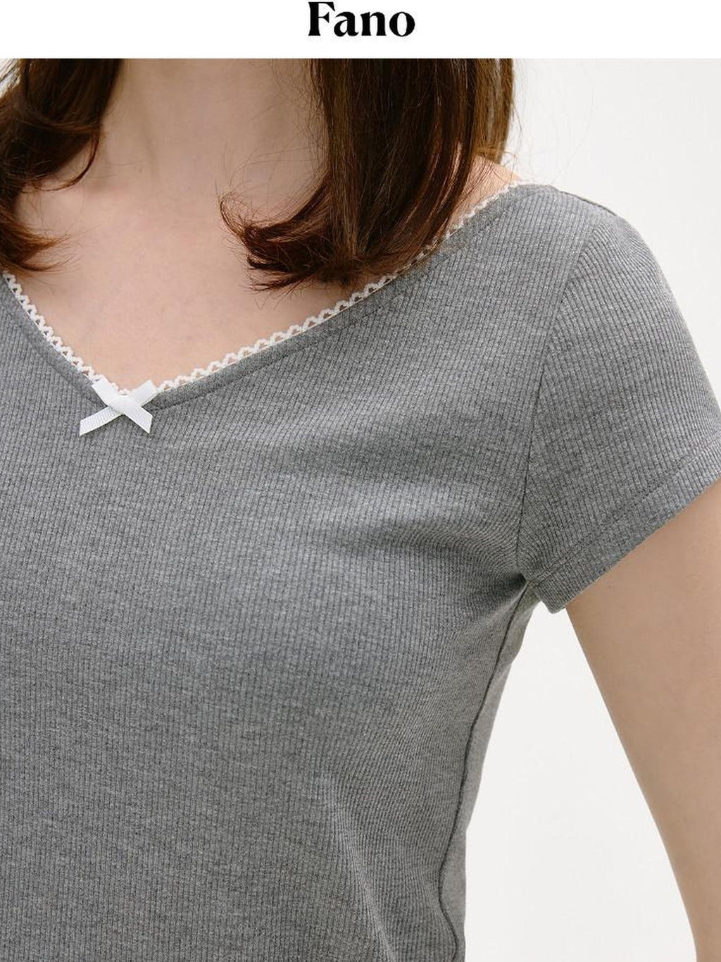 fano Soft V-neck Stretch Slim Fit Korean Office Short Sleeve Grey Basic Crop Tops