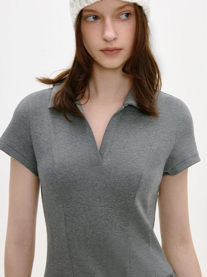 fano Soft Cotton Vintage Polo Collar A Line Natural Waist Girl Deep Gray Midi Dresses